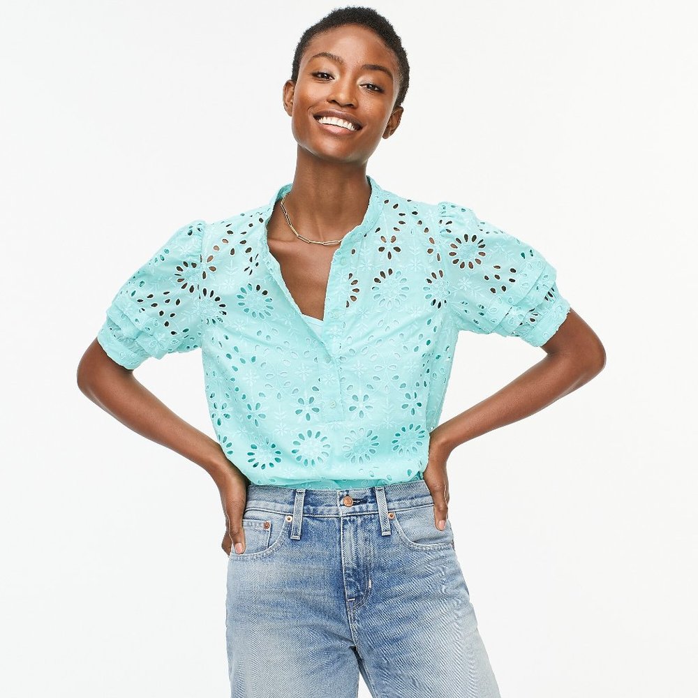 J.Crew puff-sleeve popover top in eyelet and sunwashed aqua